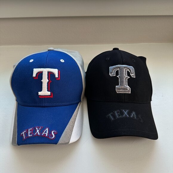 Texas Rangers Hat Bundle – ’47 Brand Black Cap & Fan Favorite Blue/Gray Cap - Picture 1 of 16